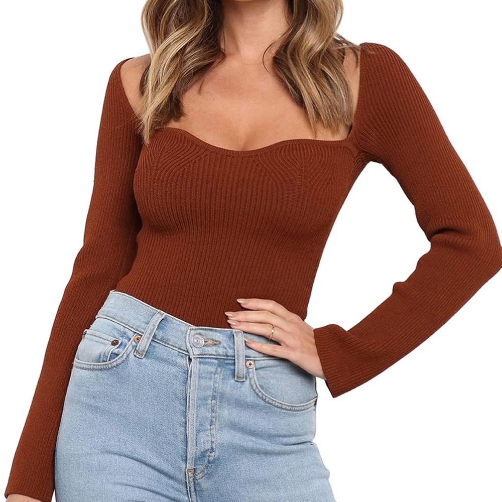 Brown Sweetheart Neckline Sweater